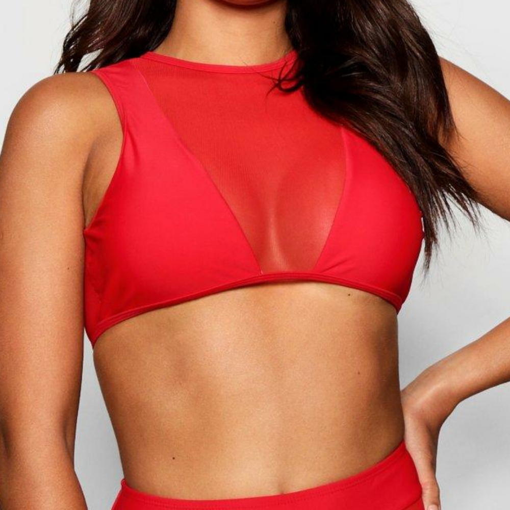 New Boohoo Sz 4 Mesh Insert Bikini Top Red